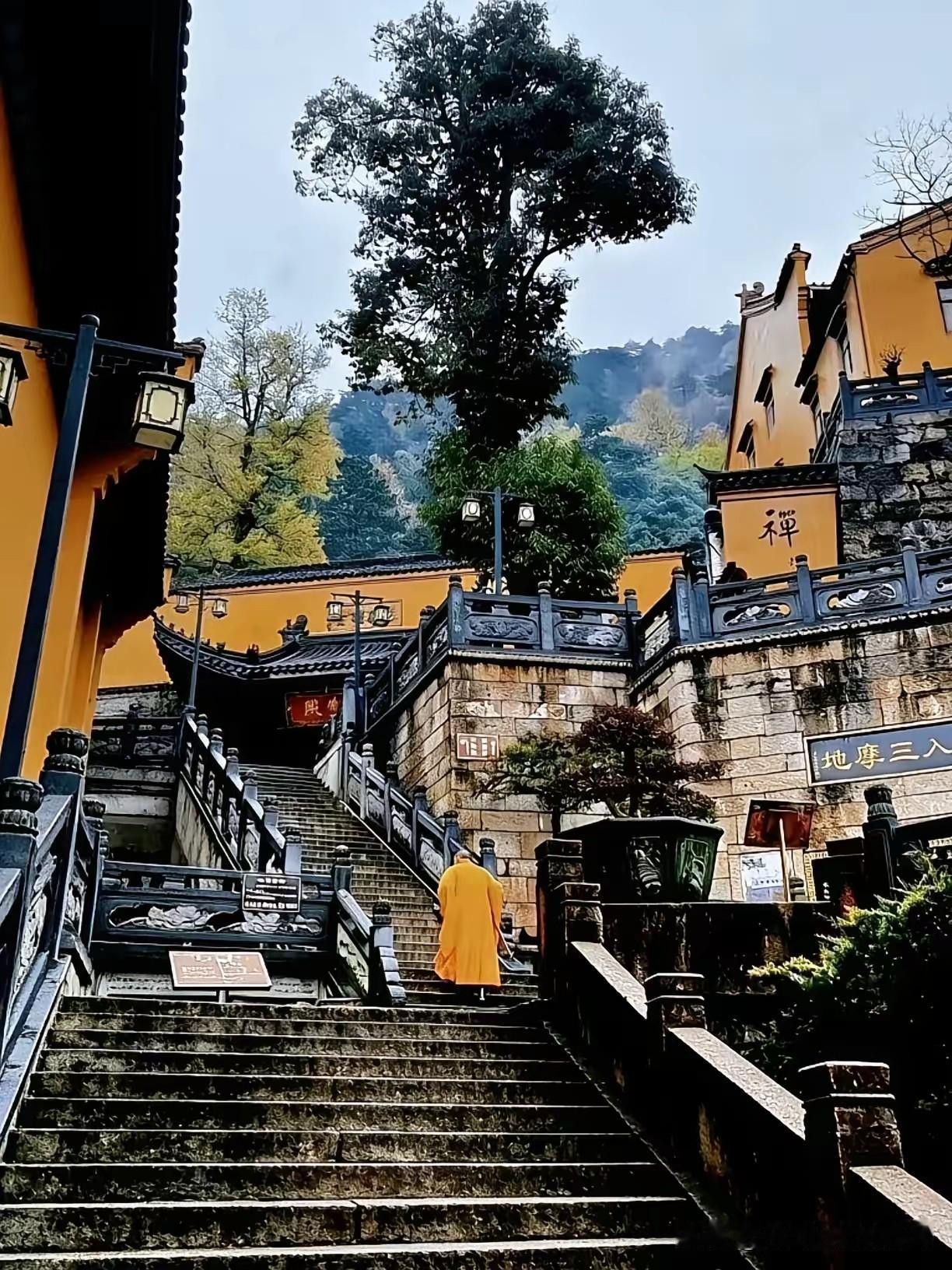 黑白素稿里，古寺的石阶层层向上延展，石梯那斑驳的纹路、台阶的棱角皆以深浅不一的线