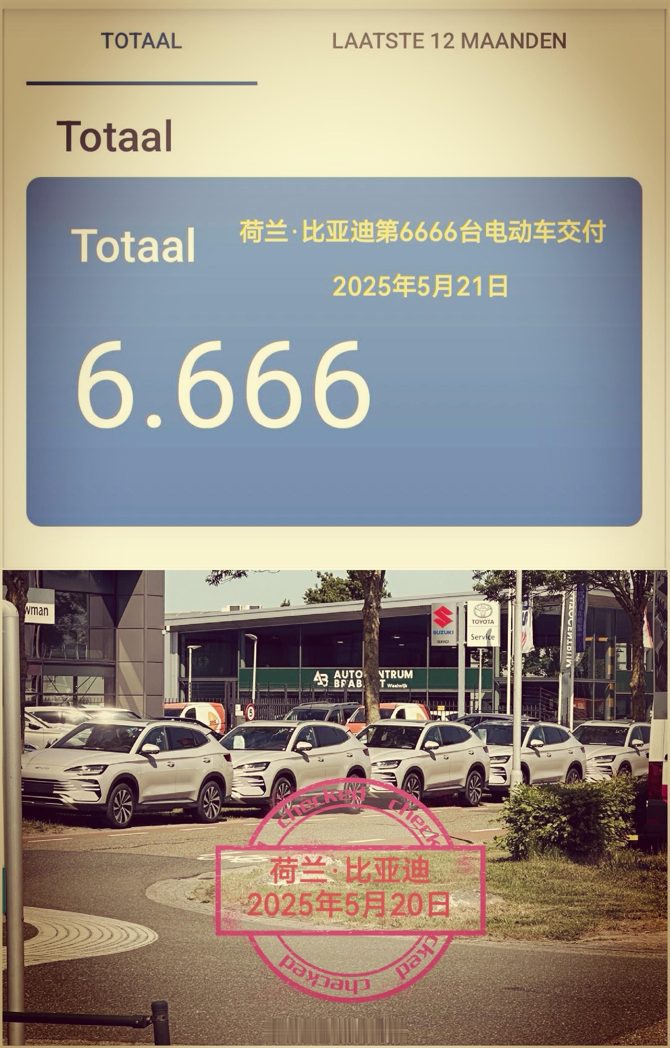 5月21日，比亚迪 荷兰第6666台电动车交付！[666][666]预计比亚迪在