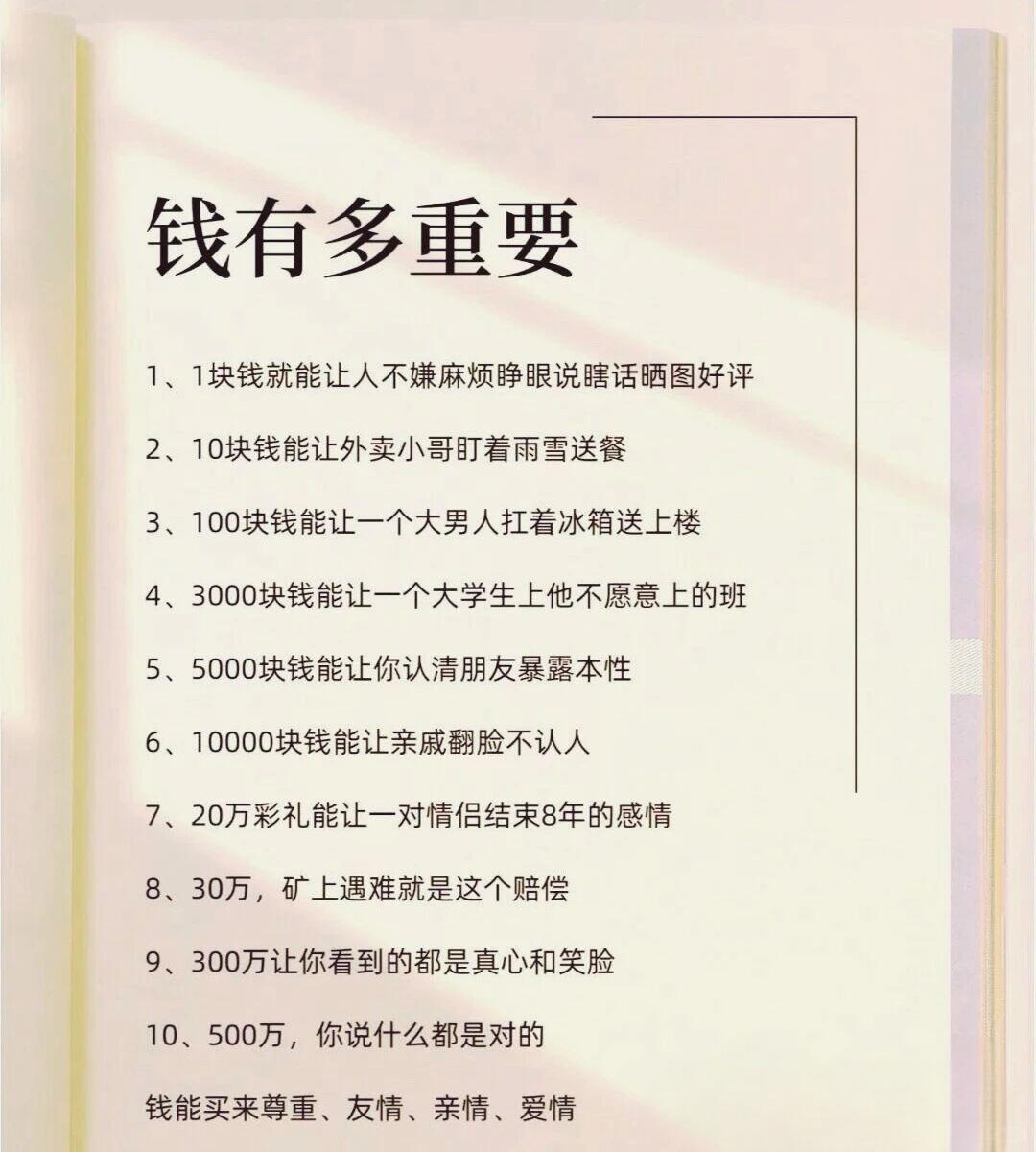 这句话有现实的一面，但太过绝对。
 
钱能解决生活里大半难处，也能减少亲友间因生