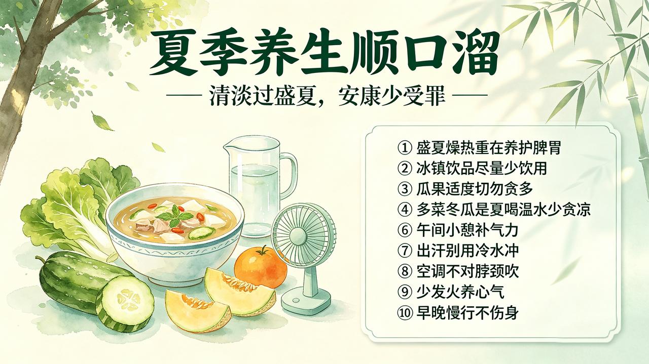 夏季养生顺口溜
 
①盛夏燥热重在养护脾胃，冰镇饮品尽量少饮用！
②各类瓜果适度