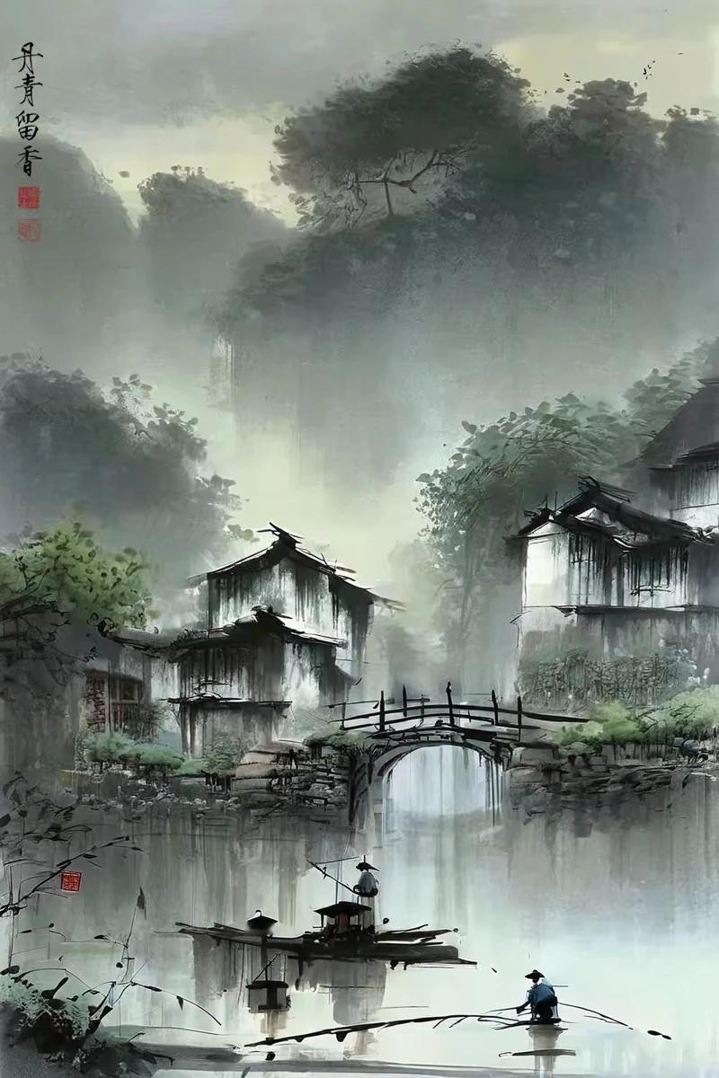 《美图配诗》
烟雨江南雾隐山，
粉墙黛瓦傍岸边。
弯弯拱桥连两岸，
碧水悠悠荡小