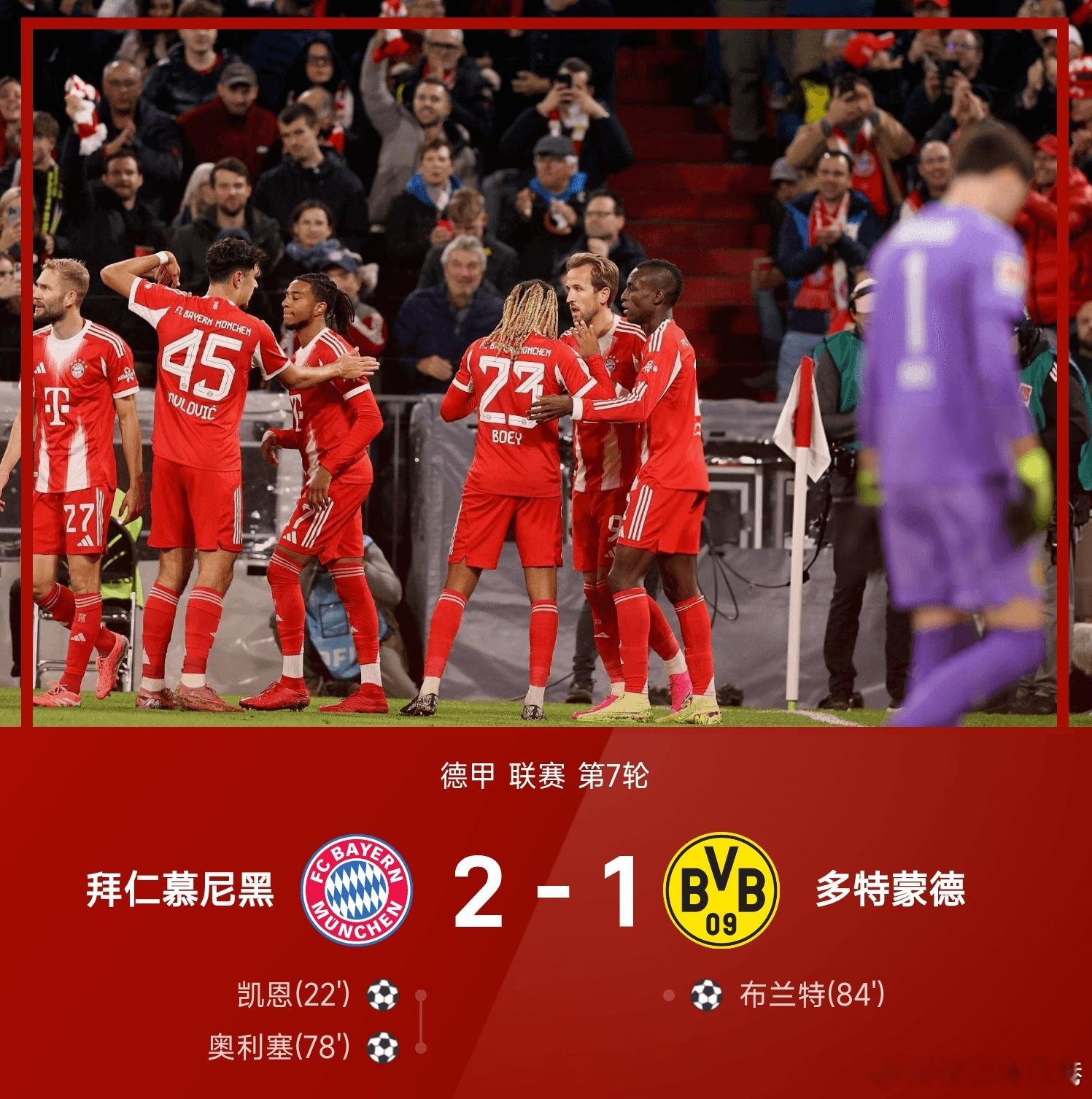 拜仁2比1多特蒙德 拜仁慕尼黑主场以2-1力克多特蒙德。上半时，凯恩首开纪录；下