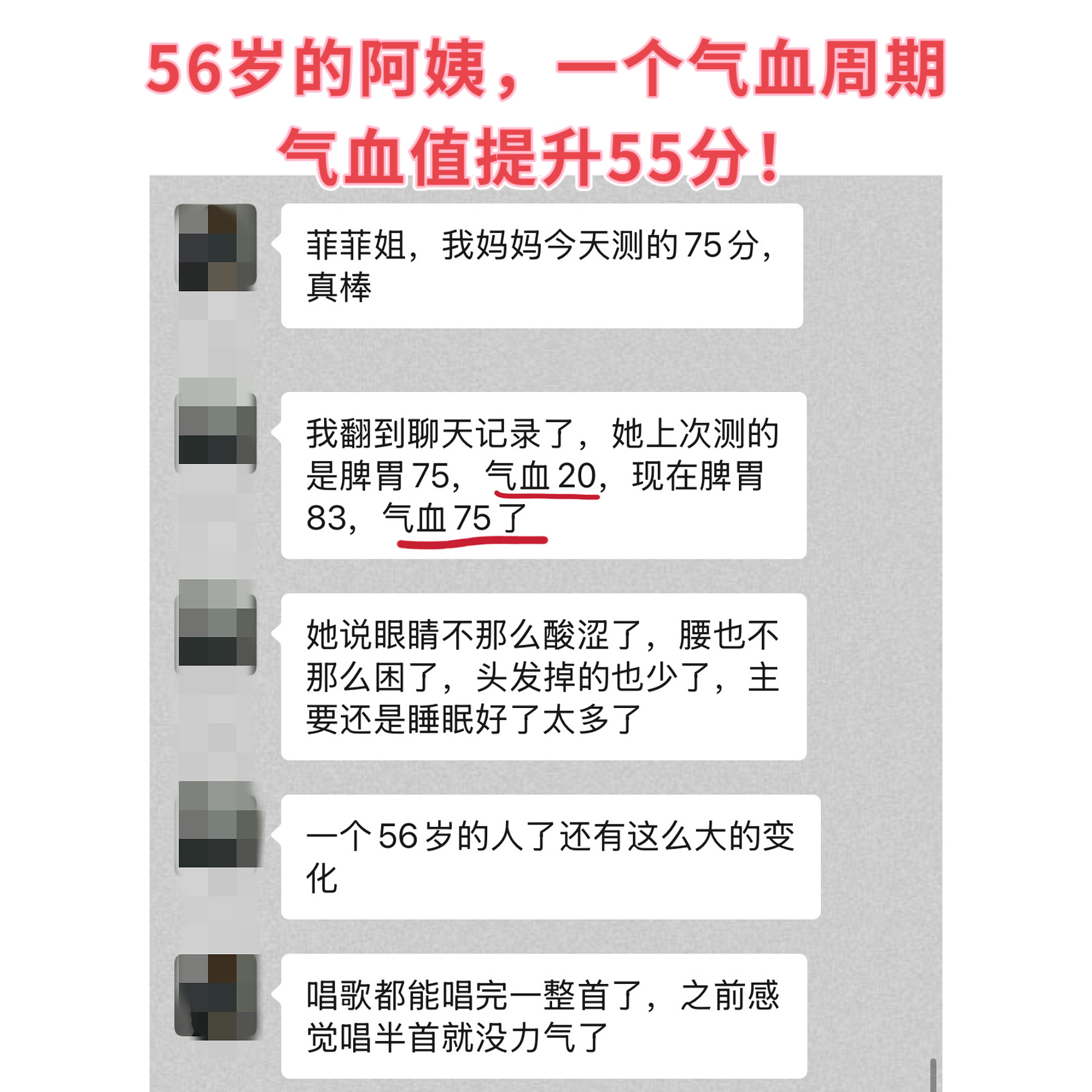 帮助身边的人  56岁阿姨，21天，气血值从20分，提升到75分这位是粉丝的妈妈