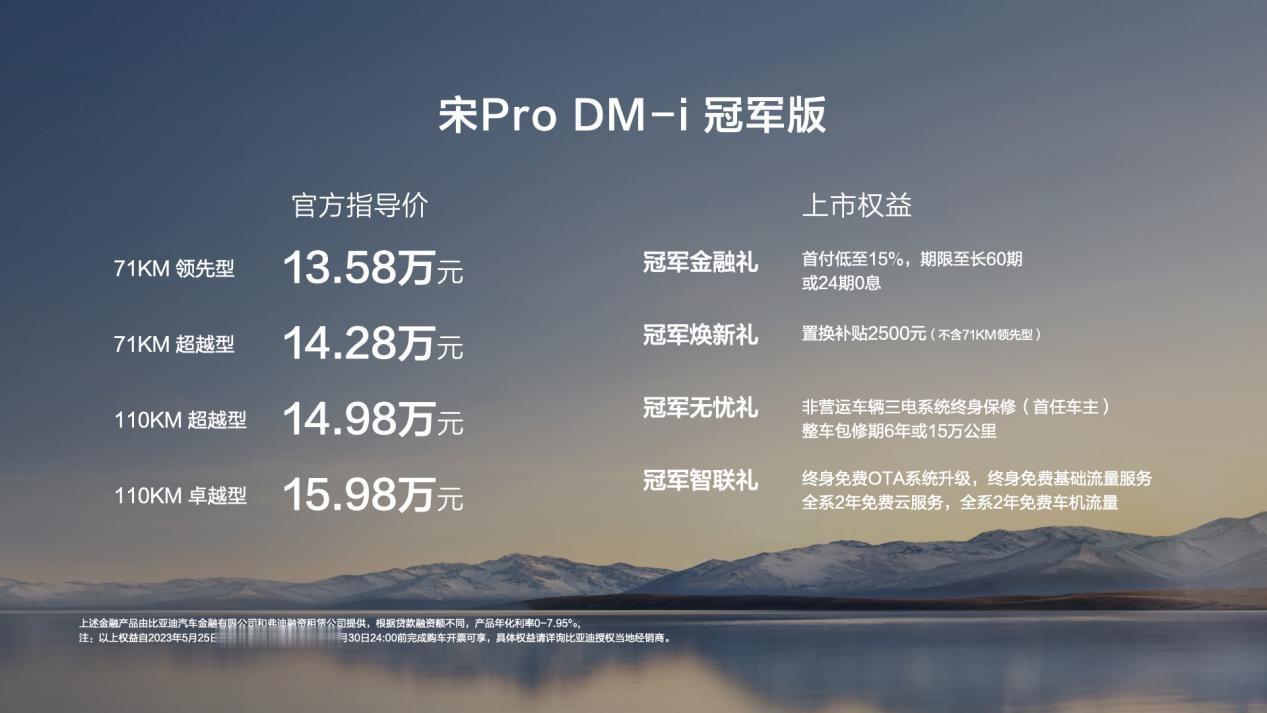 近日，宋Pro DM-i冠军版车型上市，新车共推出4款车型，官方指导价13.58