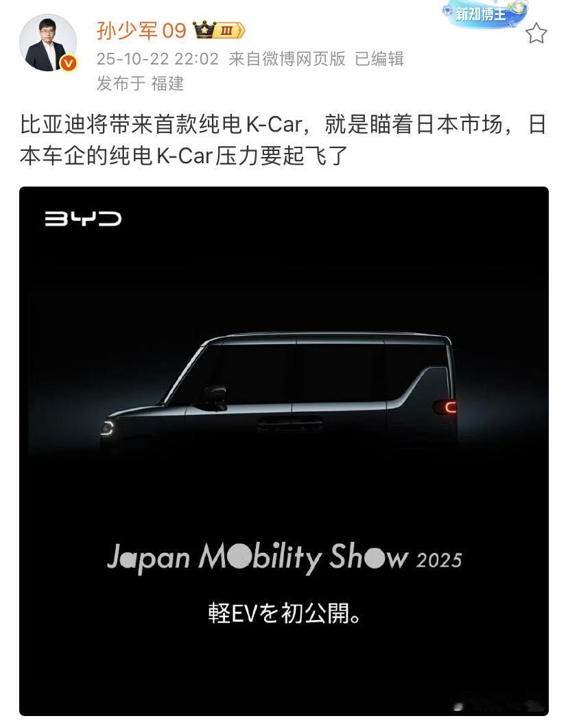 孙少军：比亚迪将带来首款纯电K-Car，就是瞄着日本市场，日本车企的纯电K-Ca