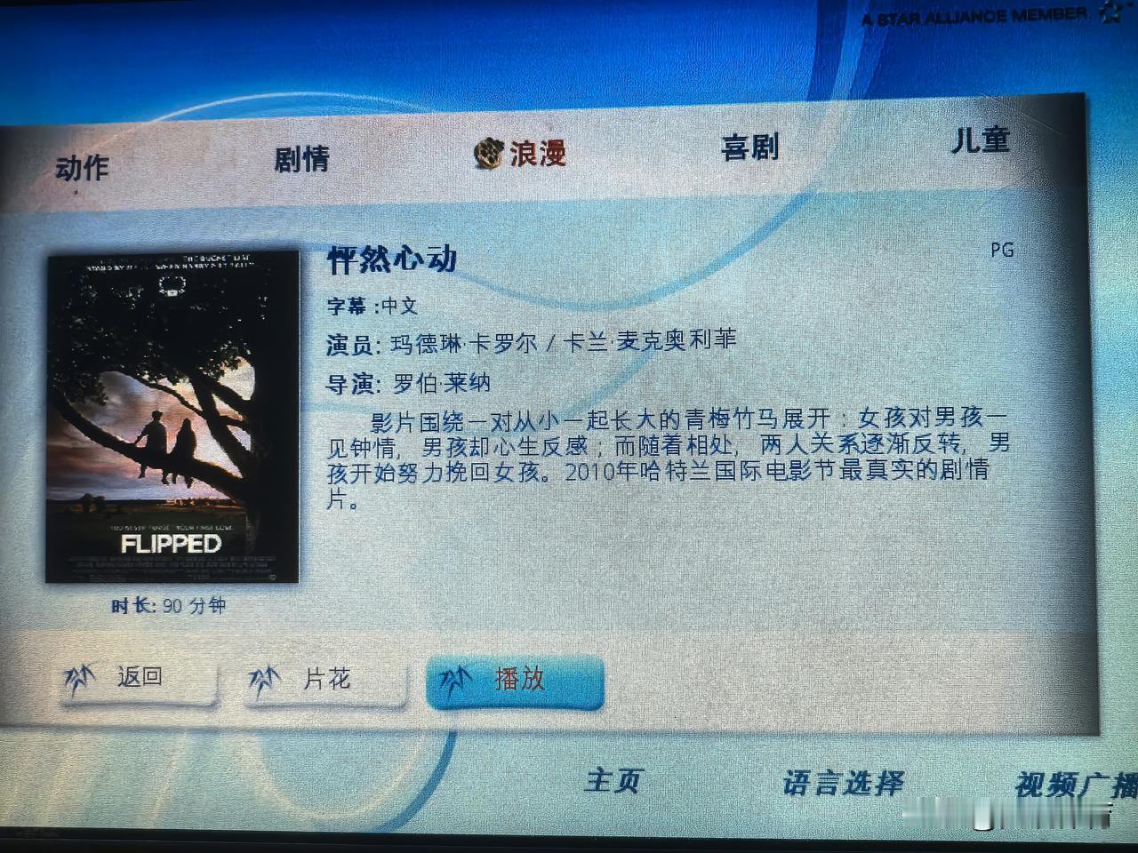 国航上看的剧情片《怦然心动》（FLIPPED）。该剧由玛德琳·卡罗尔和卡兰·麦克