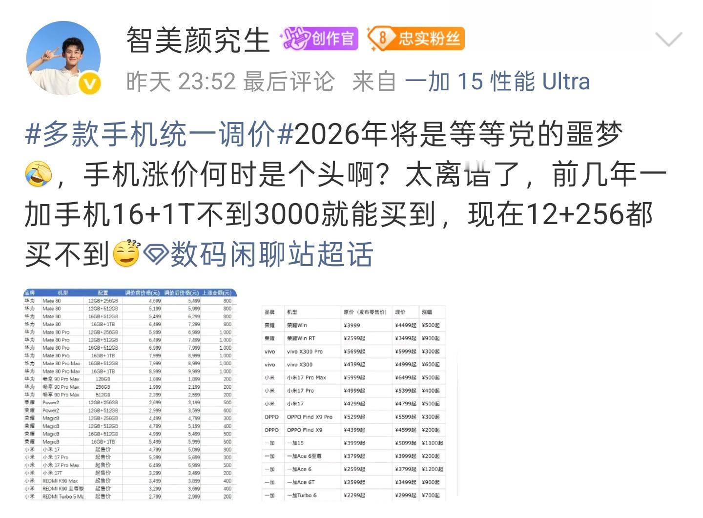 数码闲聊站[超话]你现在手机所遇到的的问题 大抵是越来越买不起吧[泪奔]，好在我