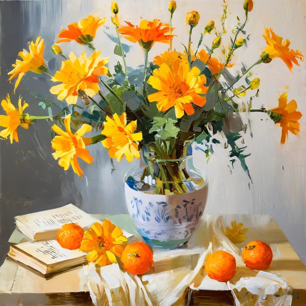 油画|黄花盈碗香，橙果入画情。
