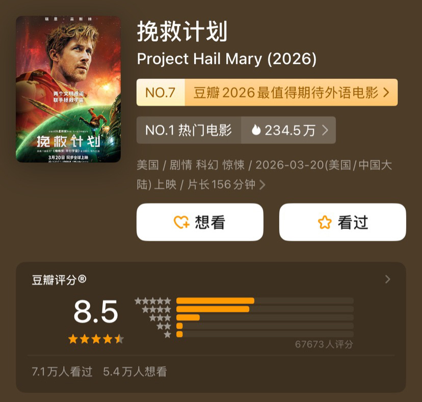 《挽救计划》豆瓣开分8.5 