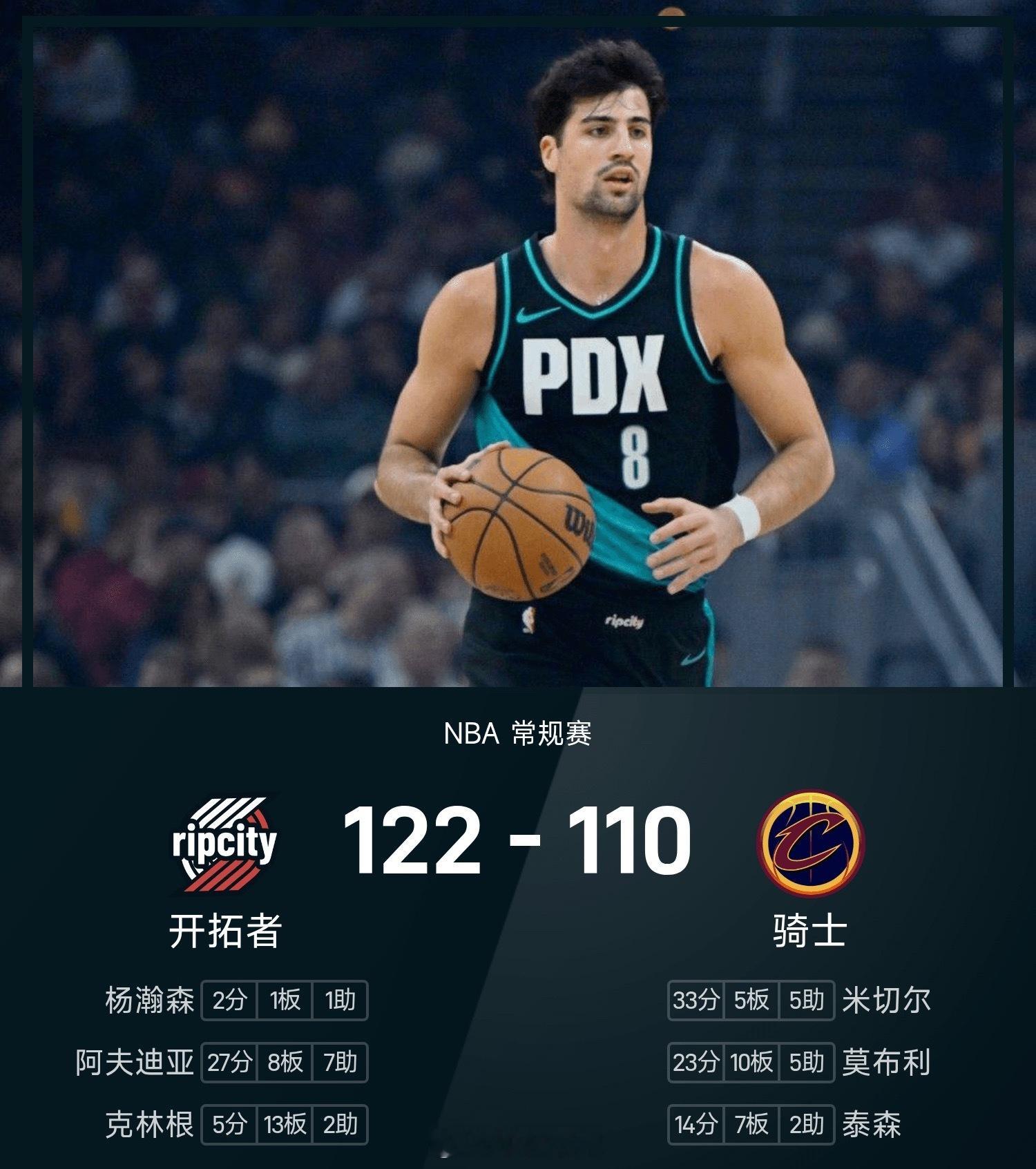 25/26赛季NBA 常规赛，骑士对阵开拓者。双方全场战罢，骑士110-122不