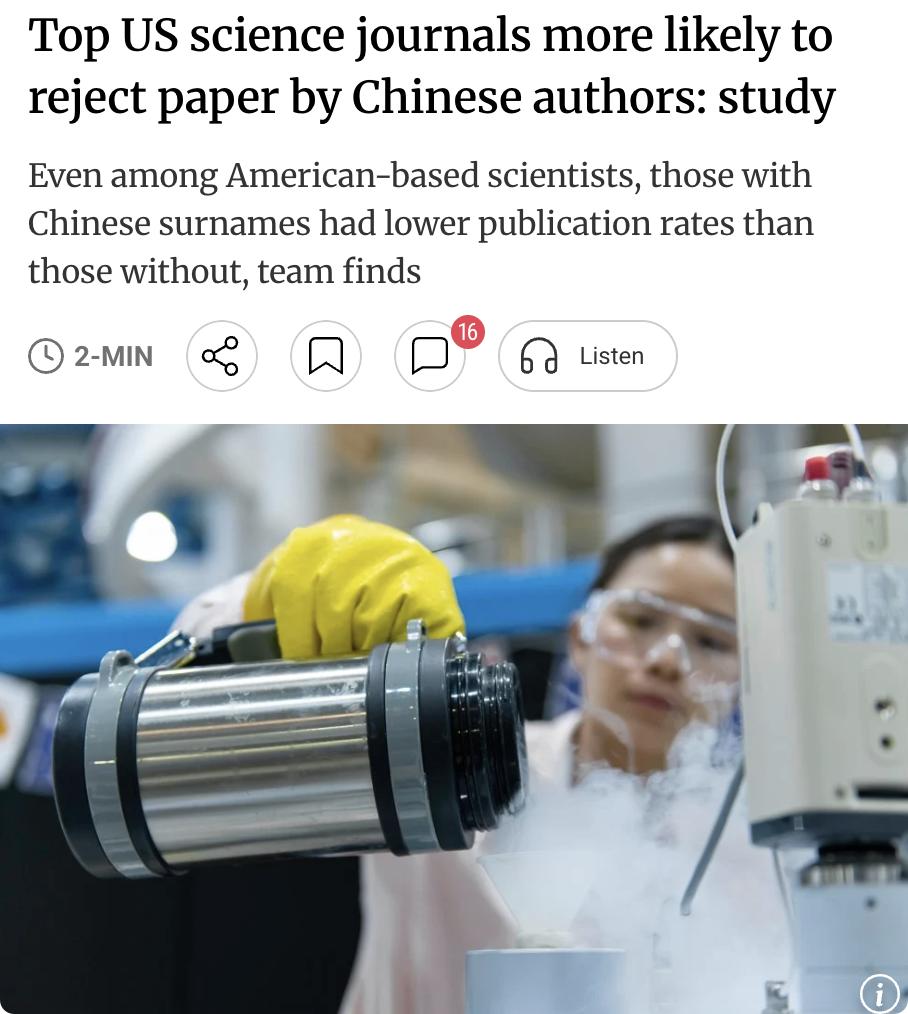外媒：一项研究发现，顶尖美国科学期刊更倾向于拒稿中国作者投稿。

研究团队分析了