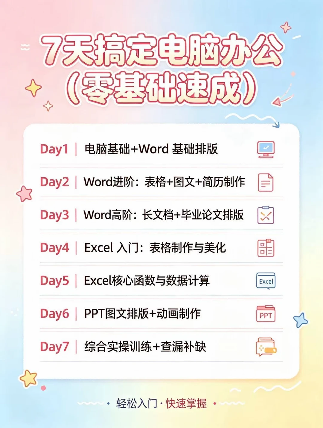 7天搞定电脑办公｜零基础速成计划表