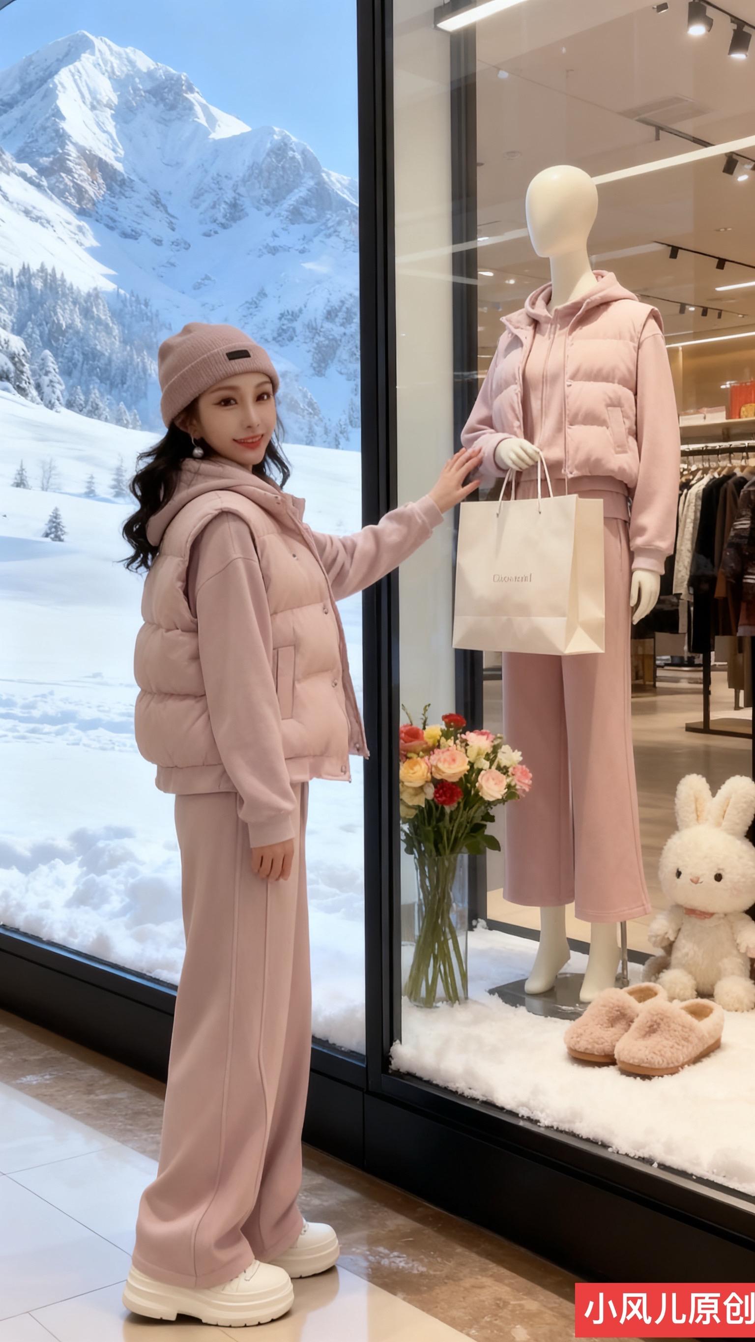 时尚显瘦气质三件套。雪天卖场橱窗旁，鲜花、玩偶衬出温馨，人物浅笑触摸同...