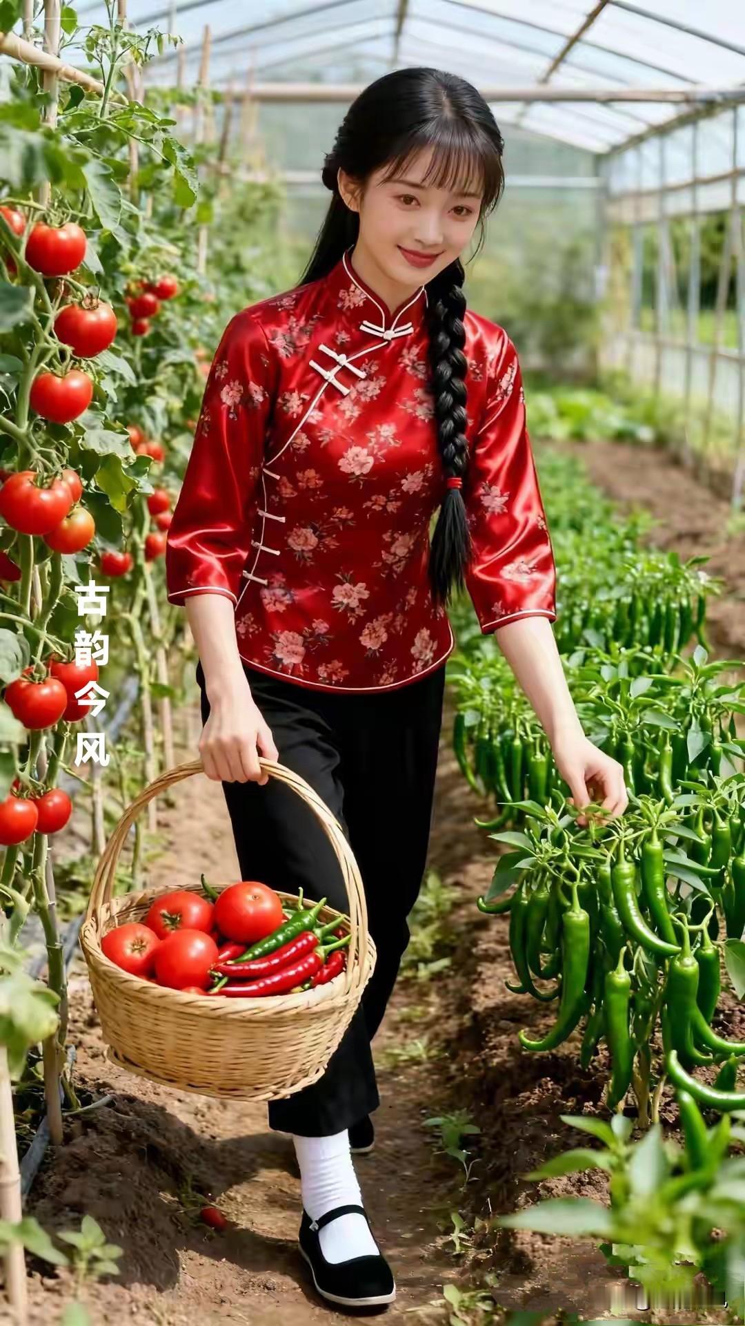 《田园少女》
晓起园蔬带露香，
提蓝笑摘满筐芳。
青藤架下黄瓜嫩，
红柿枝头晓日
