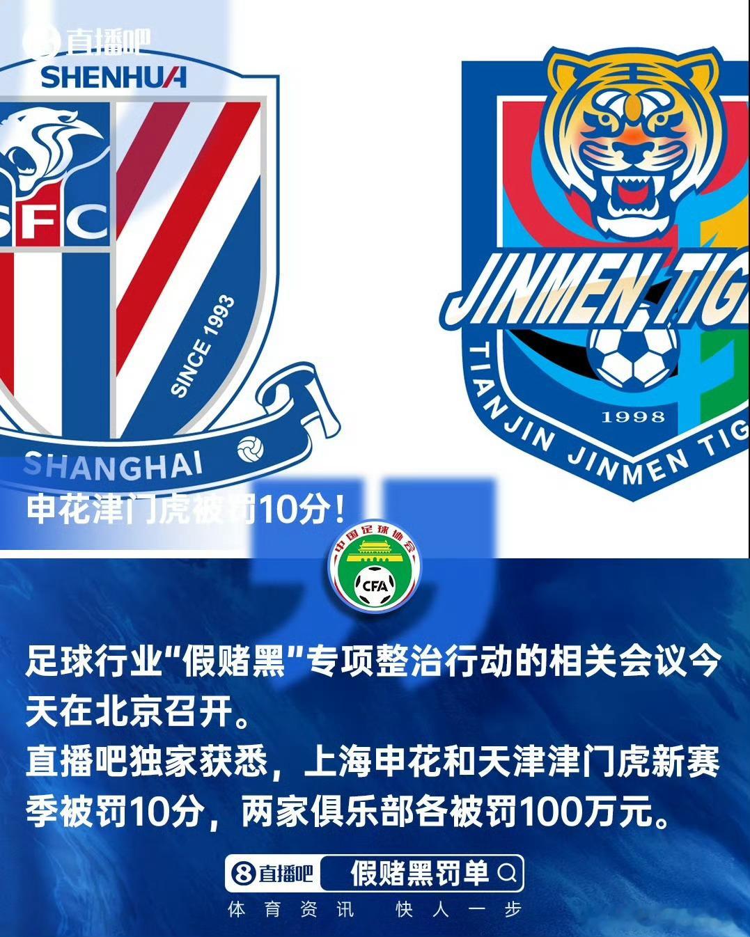 中国足球国家队据：申花和津门虎被罚10分+罚款100万 16支中超队9队被罚今天