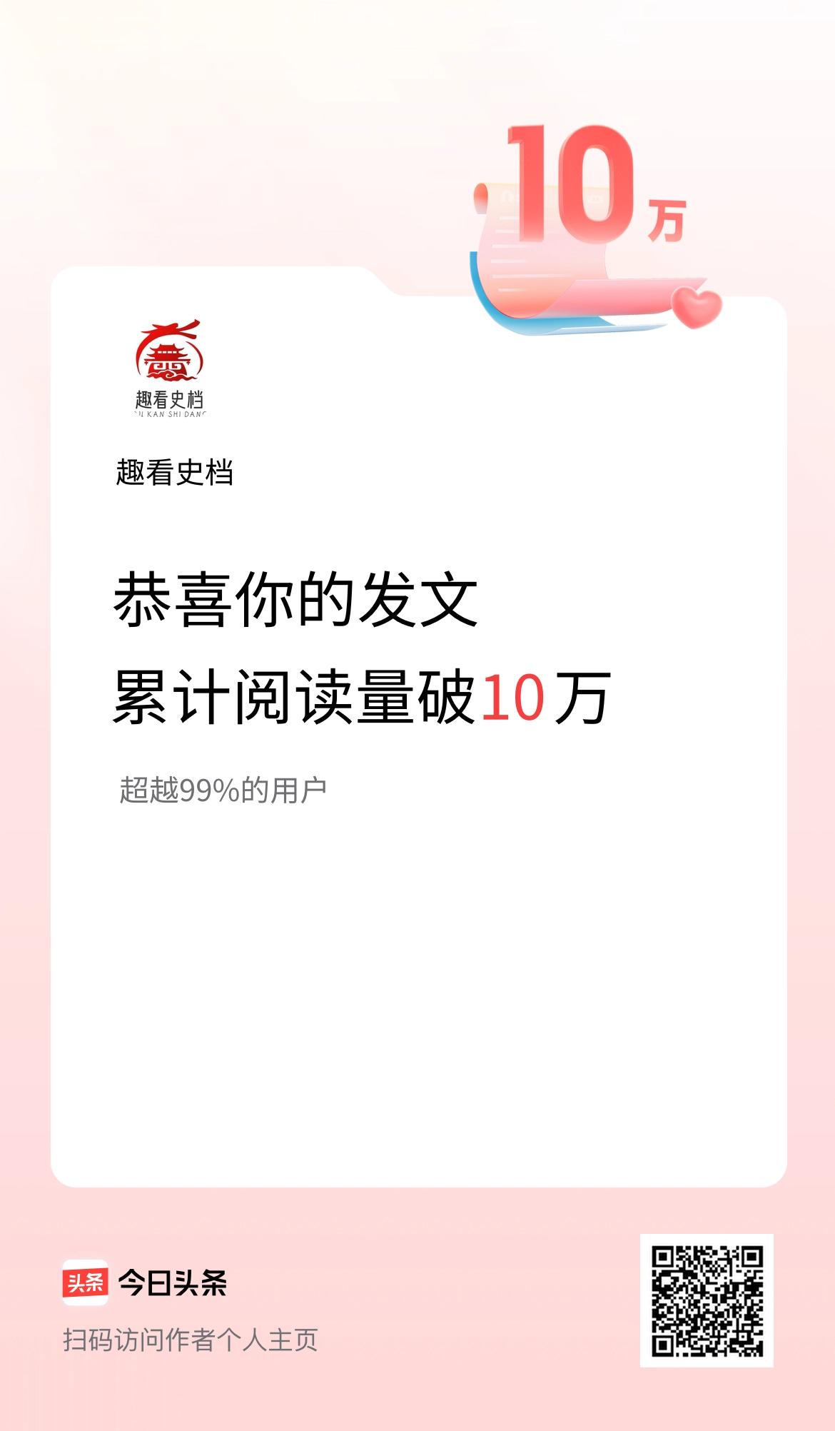 🤝我在头条累计获得阅读量破10万啦！