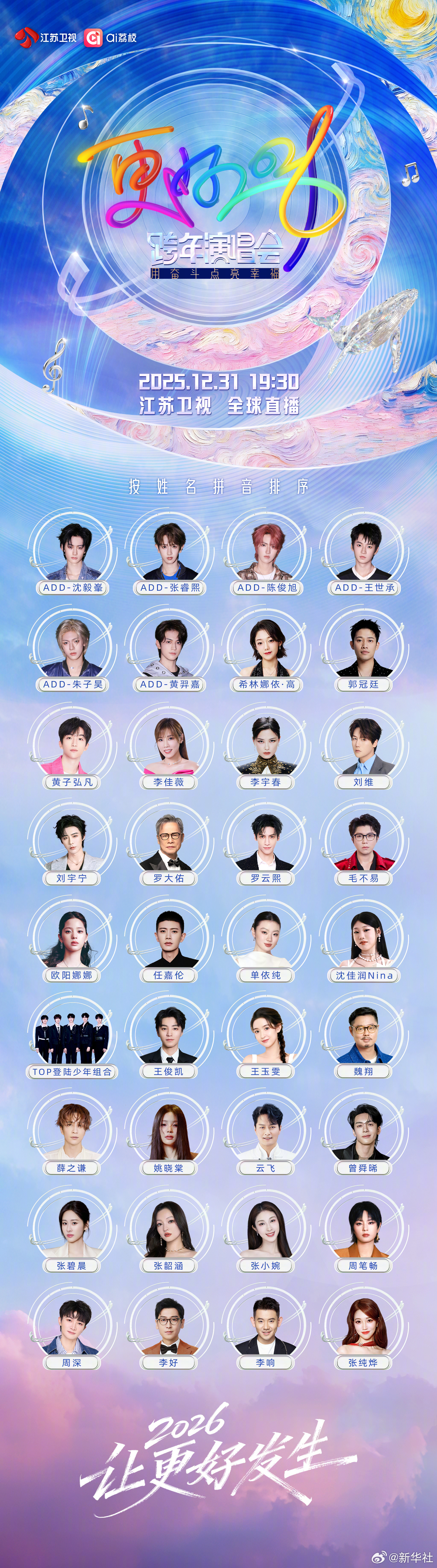 【期待！#江苏卫视跨年全阵容来了#】江苏卫视跨年全阵容群像海报来了：（、、、、）