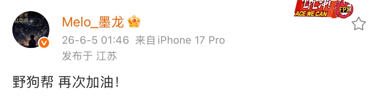 Melo录完巅峰后发文：野狗帮 再次加油！