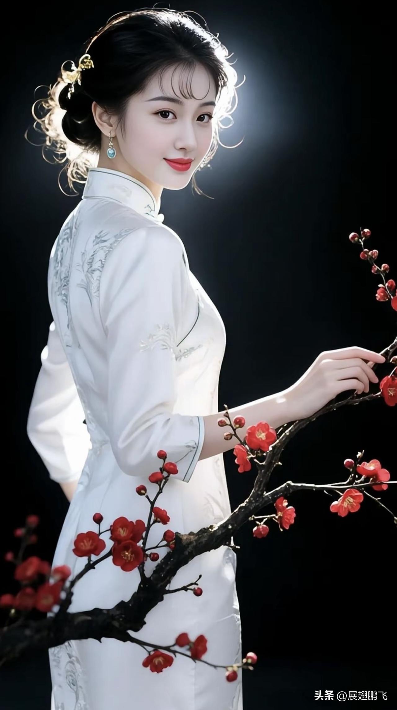 优雅旗袍美人与红梅相映成趣，尽显东方古典韵味。江南风旗袍美女 红梅古风照 梅花旗