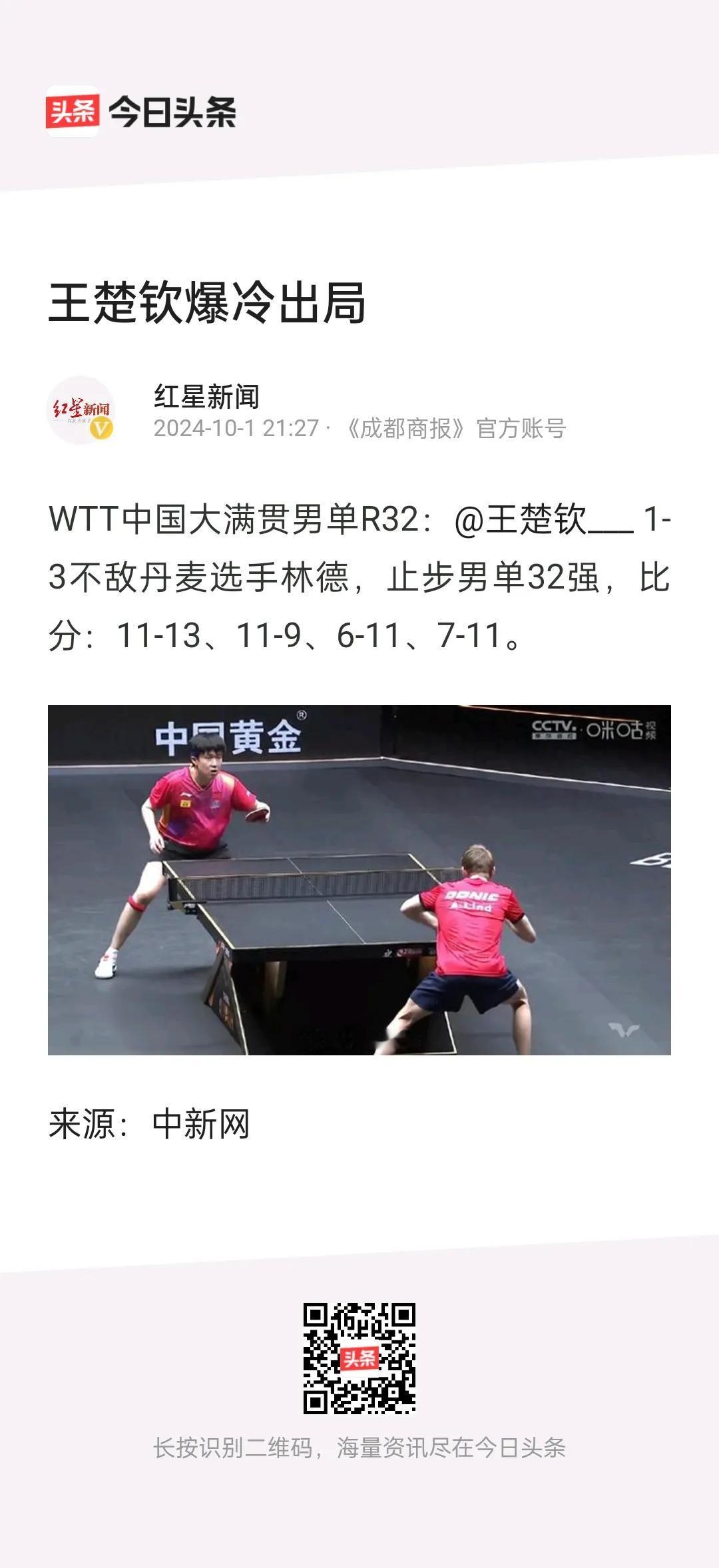 乒乓球男单排名世界第一的王楚钦，WTT大满贯比赛不敌林德爆冷出局止步32强！
澳