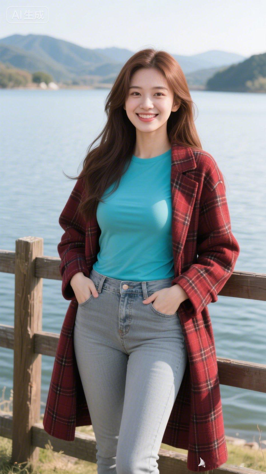 秋日穿搭指南🍂 蓝色上衣+格子外套，轻松惬意，享受湖畔美景🌳💙🍂