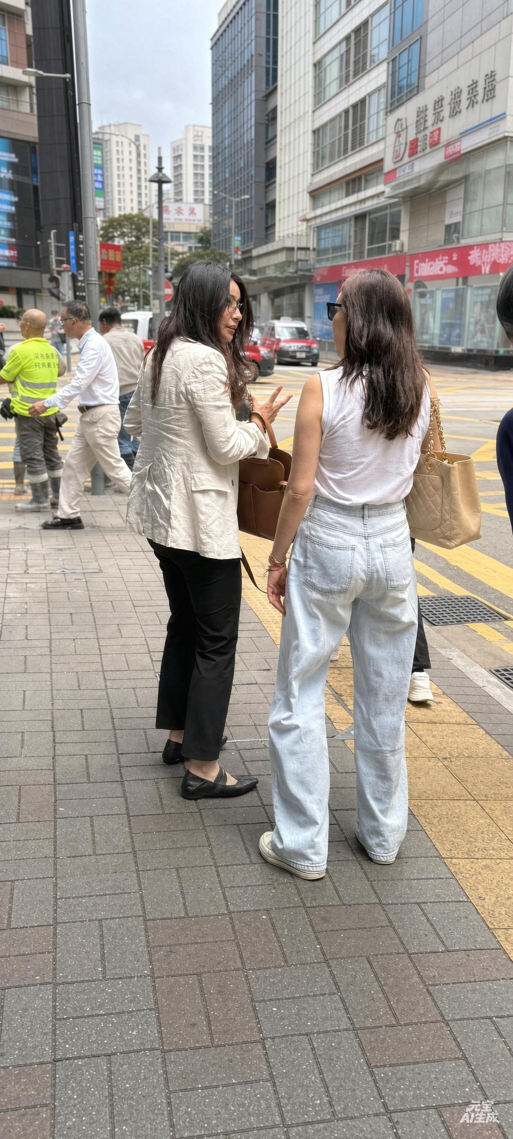 45岁郭晶晶和朋友现身香港中环，白色外套配黑裤和平底鞋，一身打扮朴素得不能再朴素