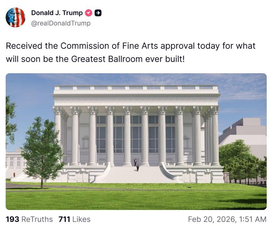 特朗普通过 Truth Social 发文称：今天获得了美国艺术委员会的批准，未