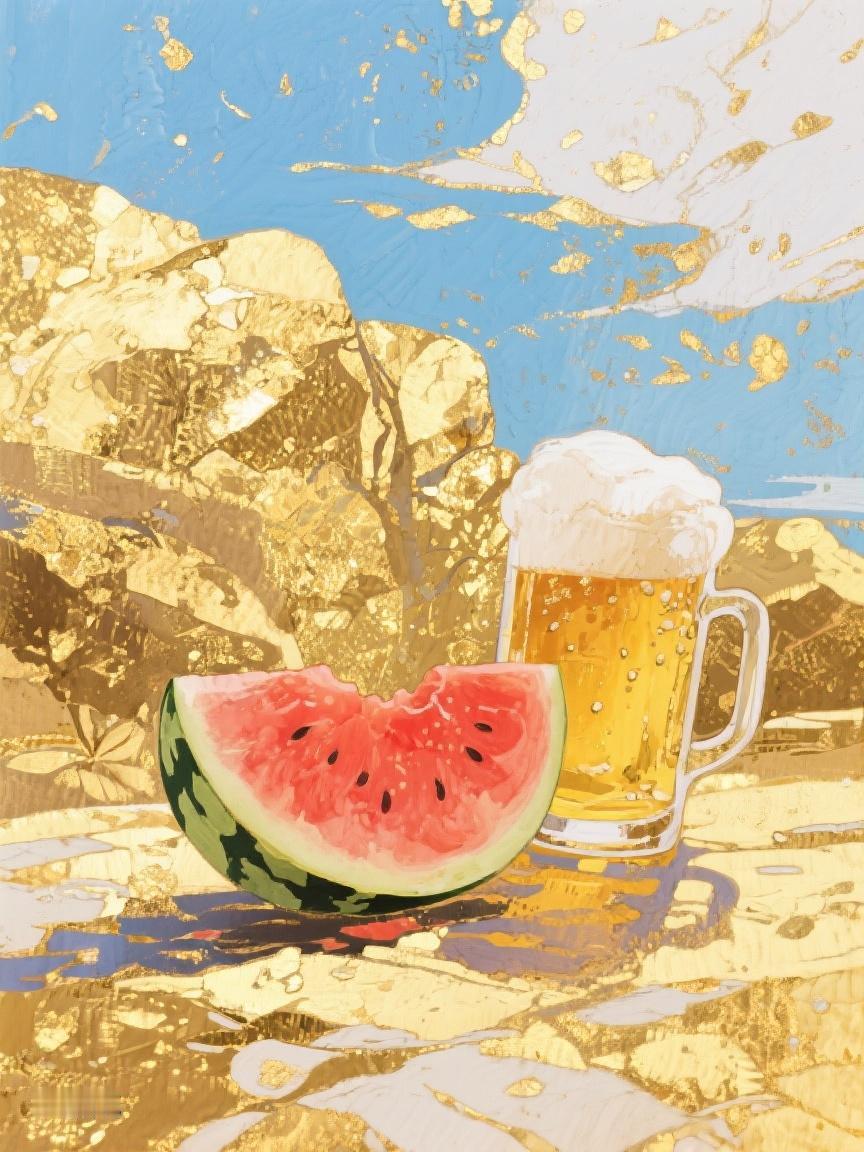 AI妙生图一块西瓜，一杯啤酒，在金色的时光里，品味平凡日子里的小确幸，惬意非常?