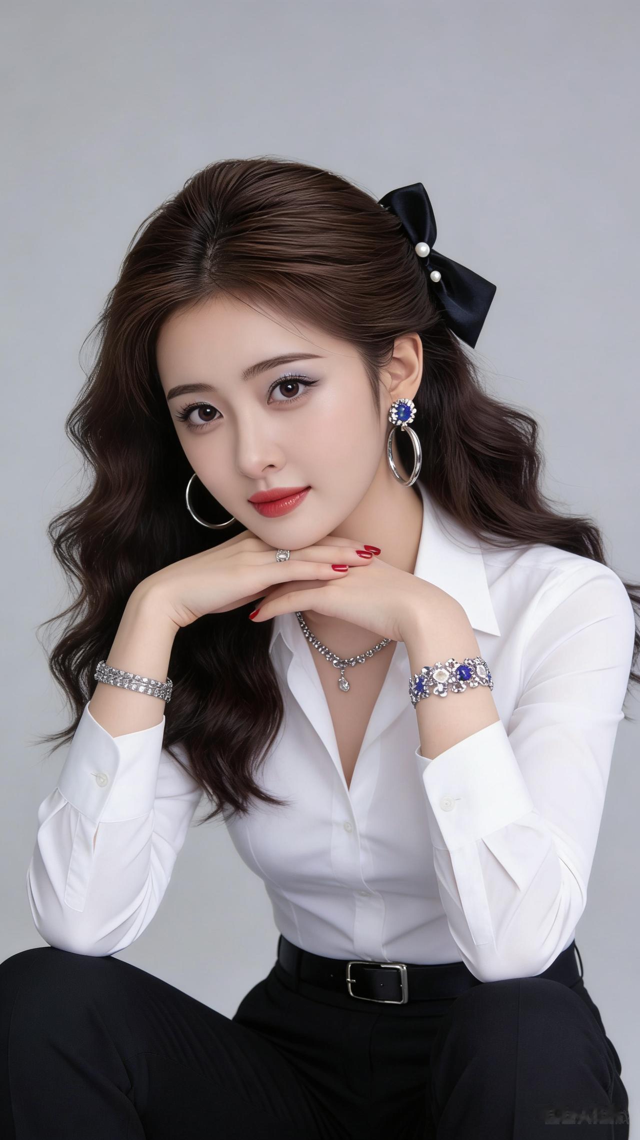 棕卷长发冷白皮女生，精致妆容配亮眼耳饰，白修身衬衣西裤束腰凸显曲线，纯色极简背景
