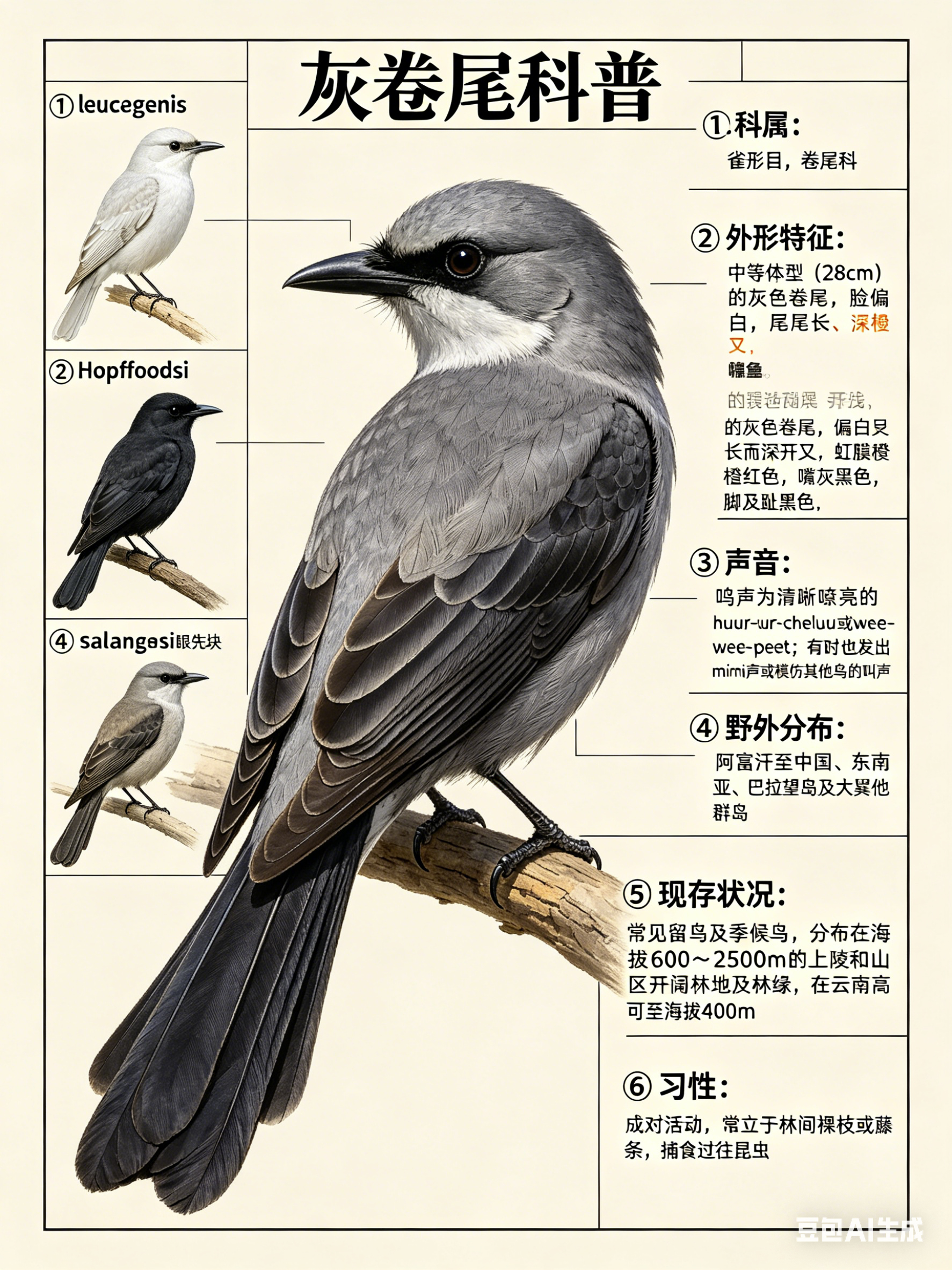 鸟类朋友图鉴 灰卷尾·科属：雀形目，卷尾科。·外形特征：中等体型（28cm）的灰