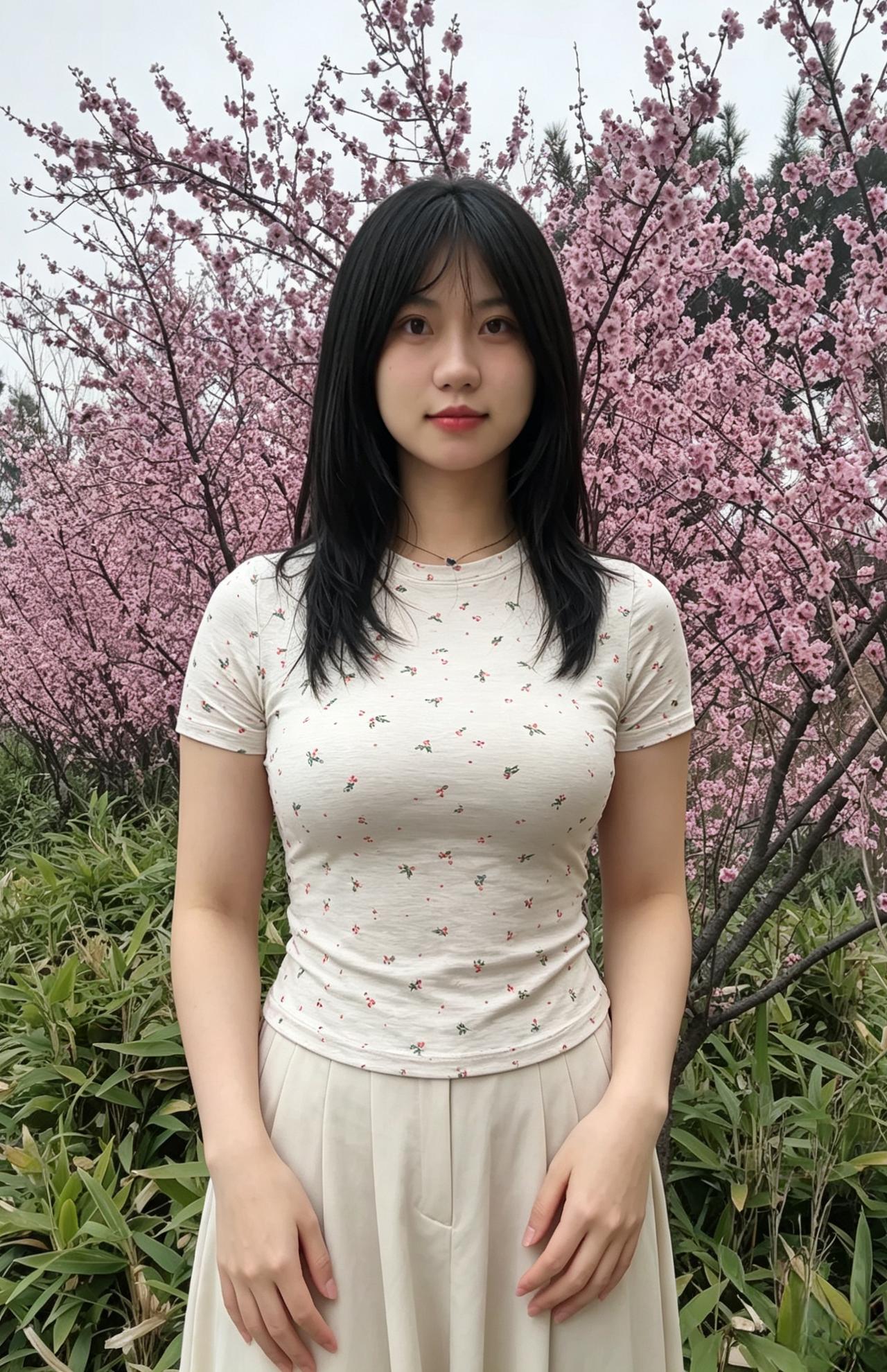 粉樱千树映芳颜，黑发垂肩意自闲。
笑靥轻含春十里，风华绝色在花间。