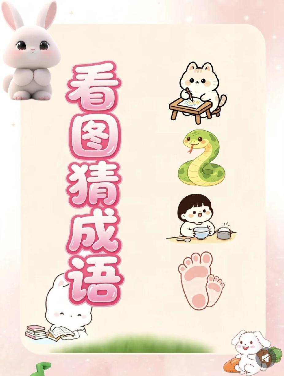 分享猜成语的喜乐看图猜成语：猫写字、蛇、吃饭、脚印，谐音谜题你来猜
