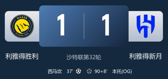 C罗 无缘提前夺冠！胜利1-1遭新月绝平+多赛1场5分领跑 本托脱手送礼昨晚我都