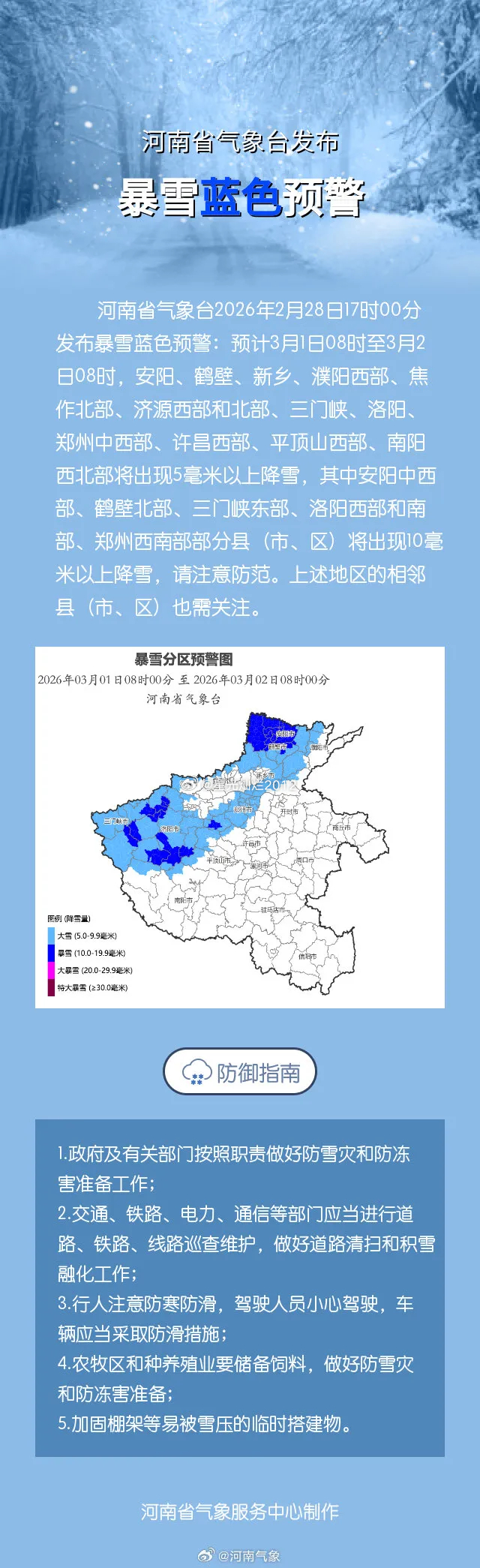 河南省气象台2026年2月28日17时00分发布暴雪蓝色预警：预计3月1日08时