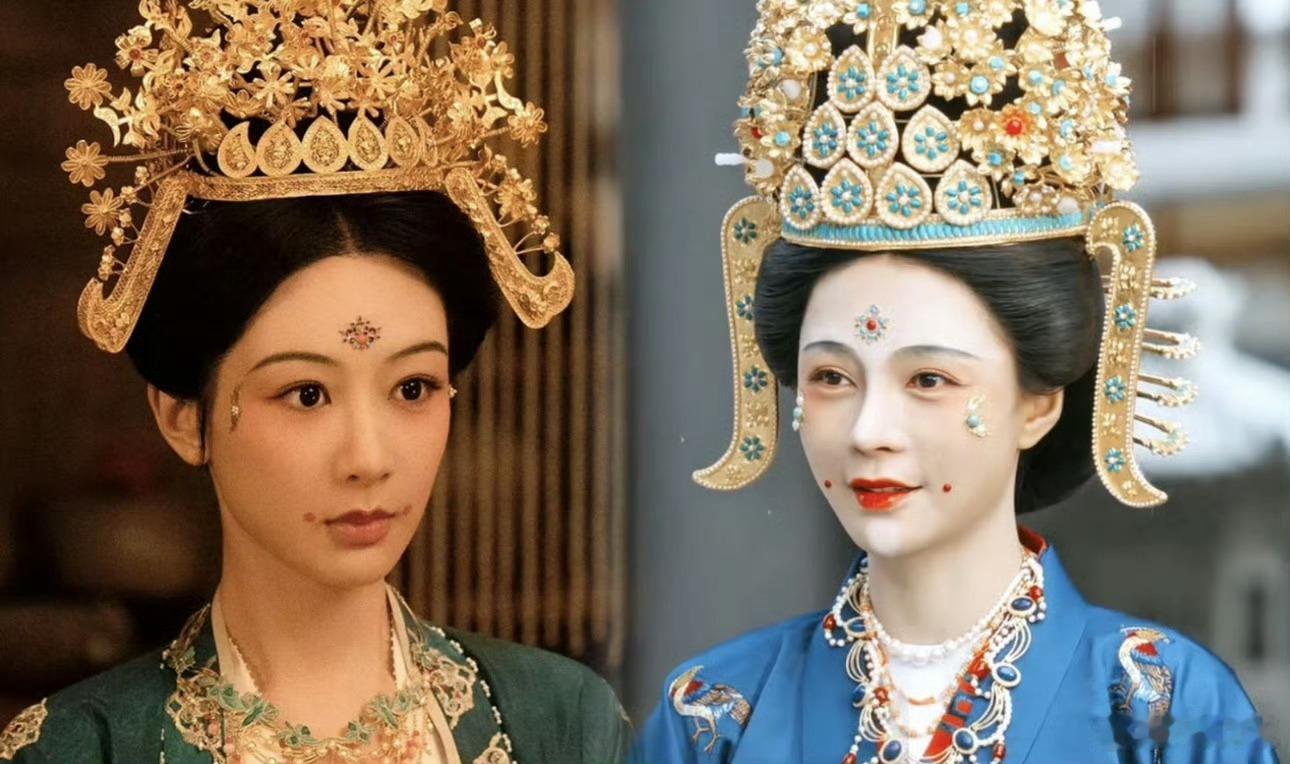 沈梦辰和杨紫撞冠了 沈梦辰的冠为九钿，是皇妃佩戴的，而杨紫佩戴的为六钿，花钿数量