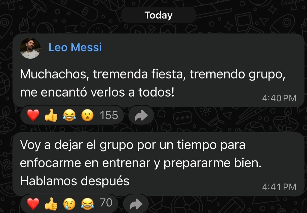 梅西通过 WhatsApp 留言：“我暂时退出群聊一段时间，以便专注于训练并做好