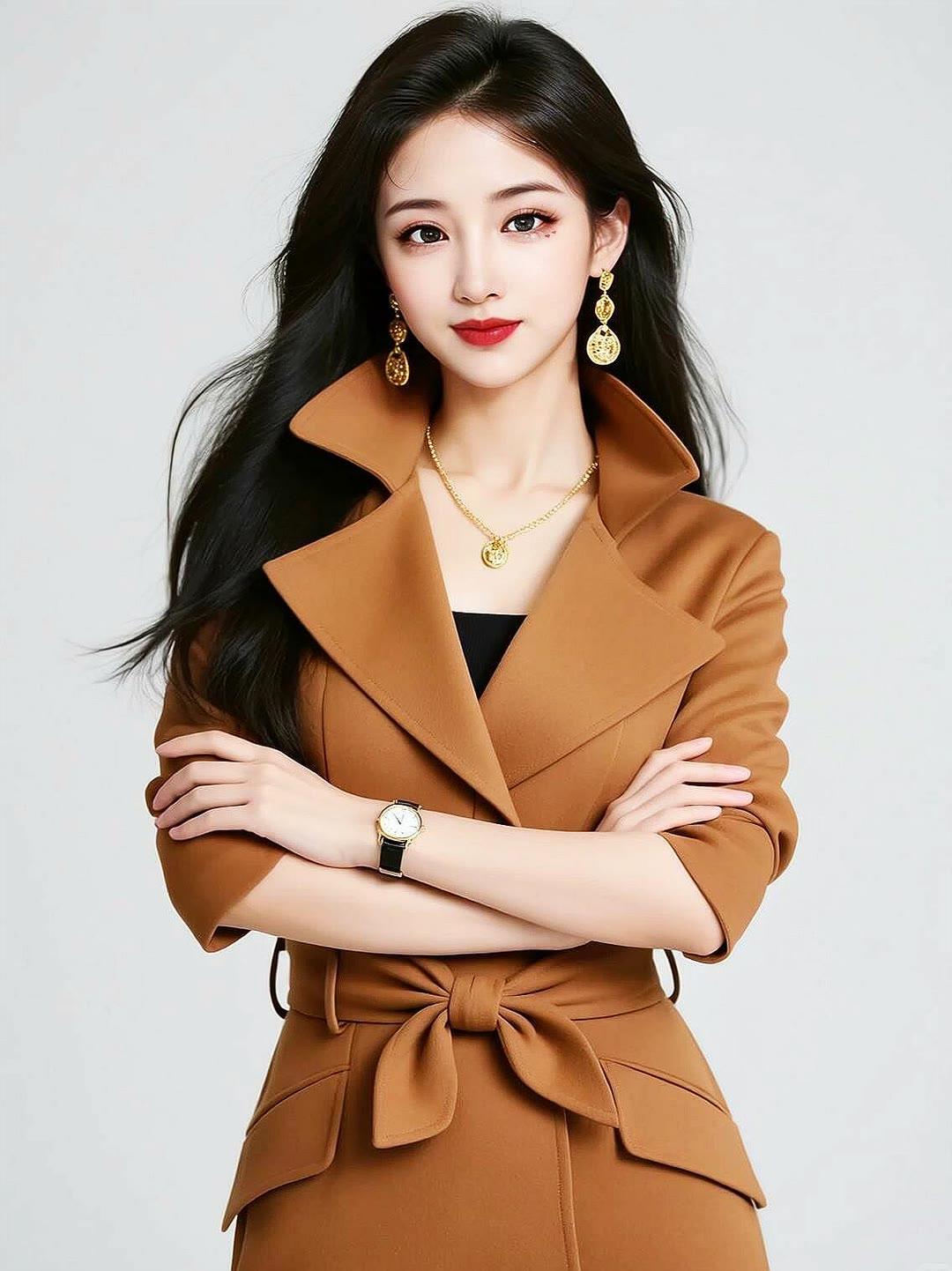 优雅气质，复古风穿搭，棕色大衣搭配金色饰品，尽显时尚魅力！