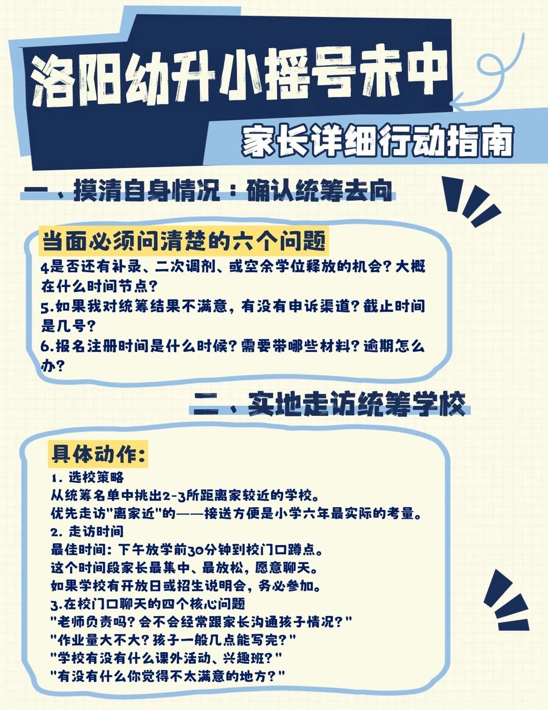 洛阳幼升小❗小学摇号没摇中怎么办❓
洛阳幼升小摇号未中——家长行动清单
[一]确