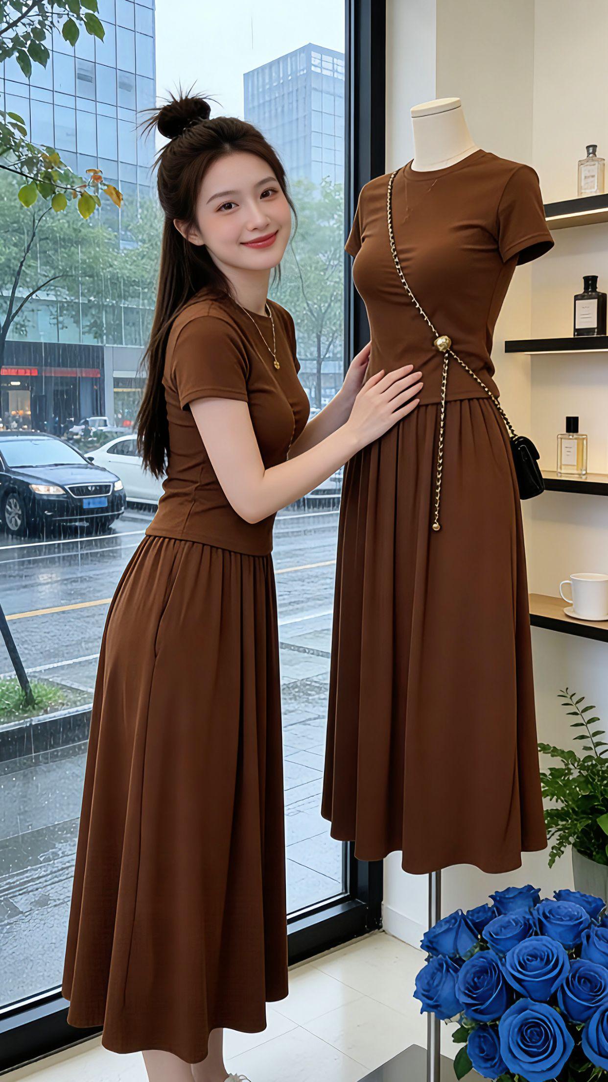 Danny的夏日出门穿搭被好多人问！这套焦糖色两件套太懂女生了，修身短T刚好掐住