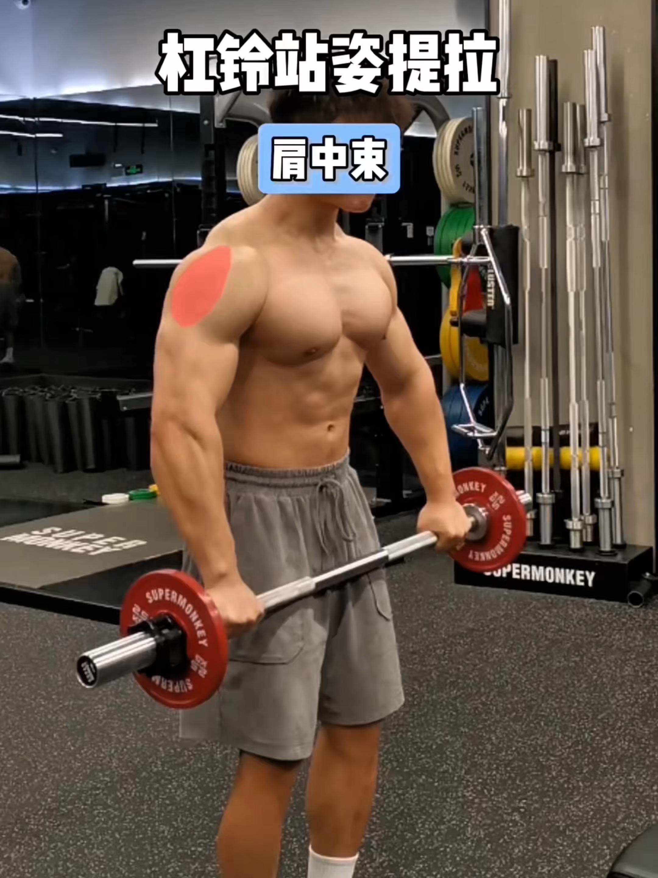 杠铃站姿提拉，保姆级教程！ 一、目标肌群 杠铃站姿提拉，肩中束 二、练...
