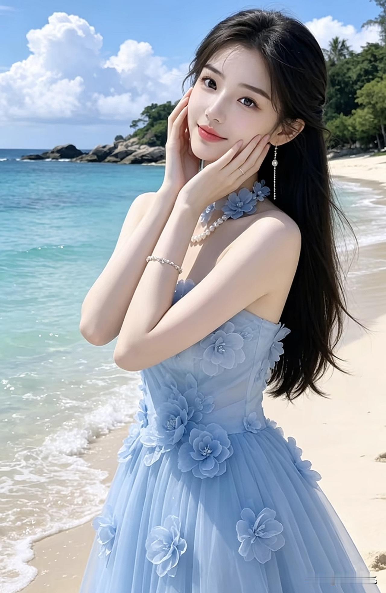 海边少女，浅蓝色花裙，温柔海风，梦幻沙滩海边元气少女 海边度假少女风 沙滩白裙少