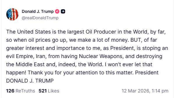 在伊朗最高领袖发表讲话之前，特朗普在Truth Social发帖称，“当油价上涨