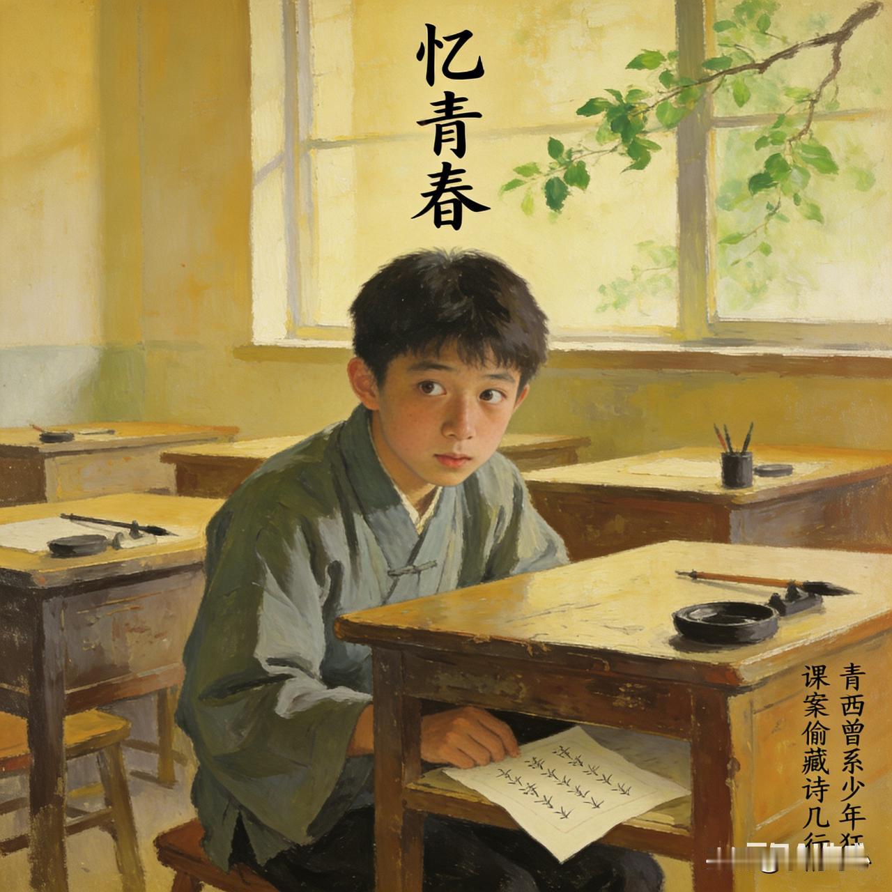 《忆青春》乐韵诗心原创诗词:
青衿曾系少年狂，
课案偷藏诗几行。
柳下追蝉惊宿鸟