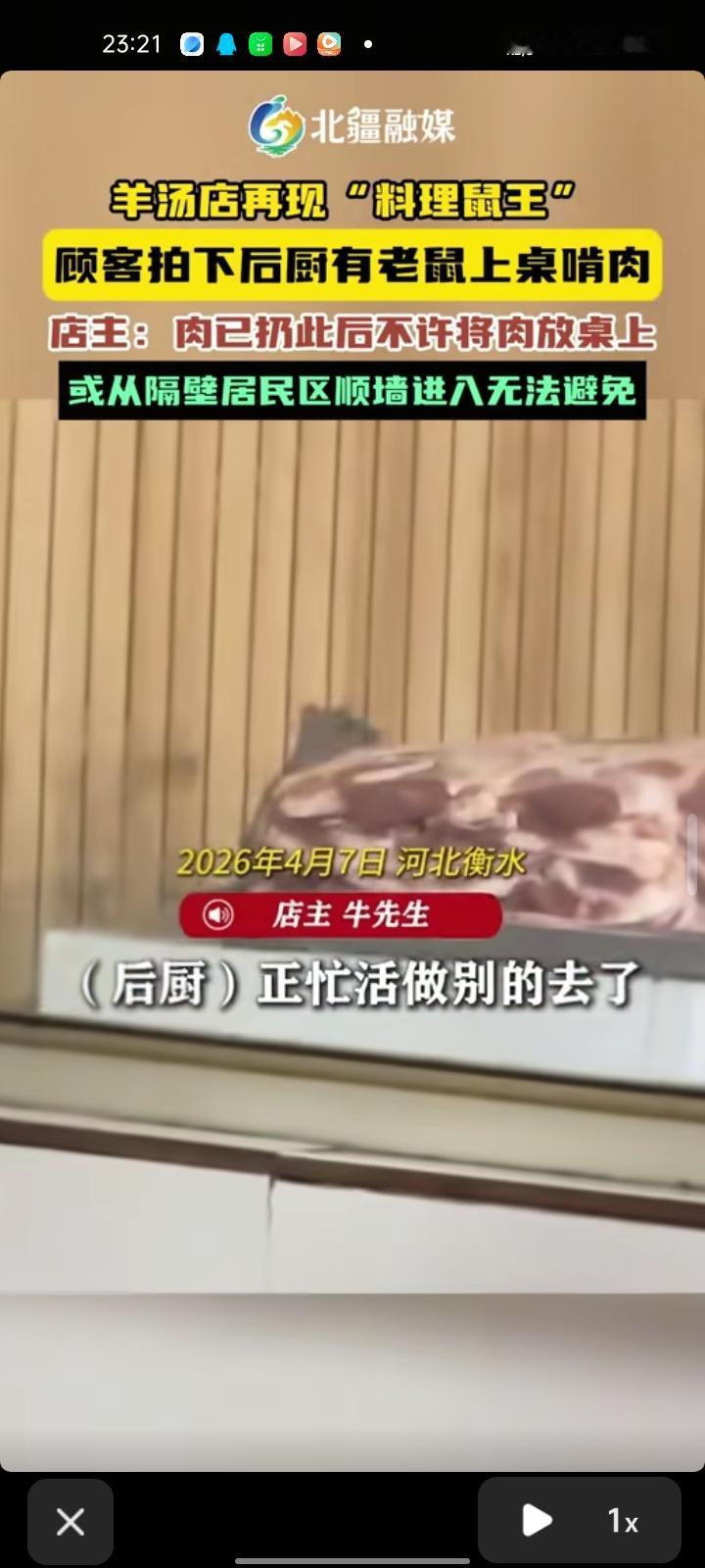 4月7日，衡水市景县。网友发视频称，羊汤店后厨有老鼠上桌啃生肉，店老板回应称，这