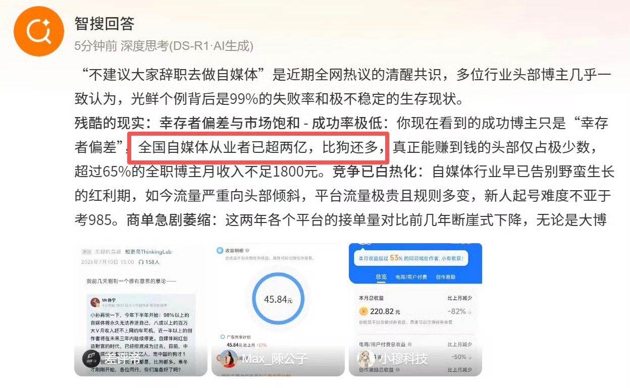 不建议大家辞职去做自媒体自媒体这个行业，已经被玩坏了，一方面人太多，另一方面，舆