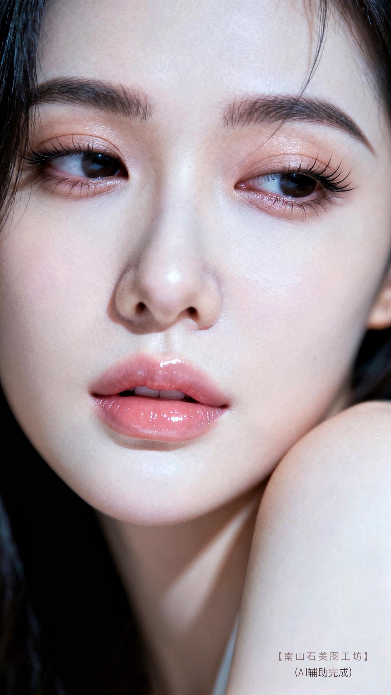 眉如远黛绘诗意，睫似蝶翼拂温柔，唇若蜜桃绽清甜，肤似羊脂凝柔光。托腮时，眸光里清