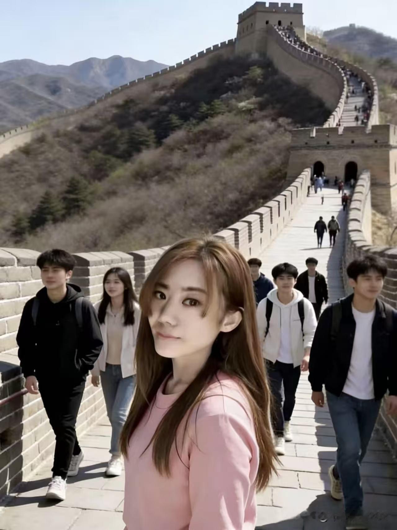 《登长城》
不到长城非好汉
脚踏砖石无遗憾
登高远眺豪情壮
万里巨龙卧山巅
“不