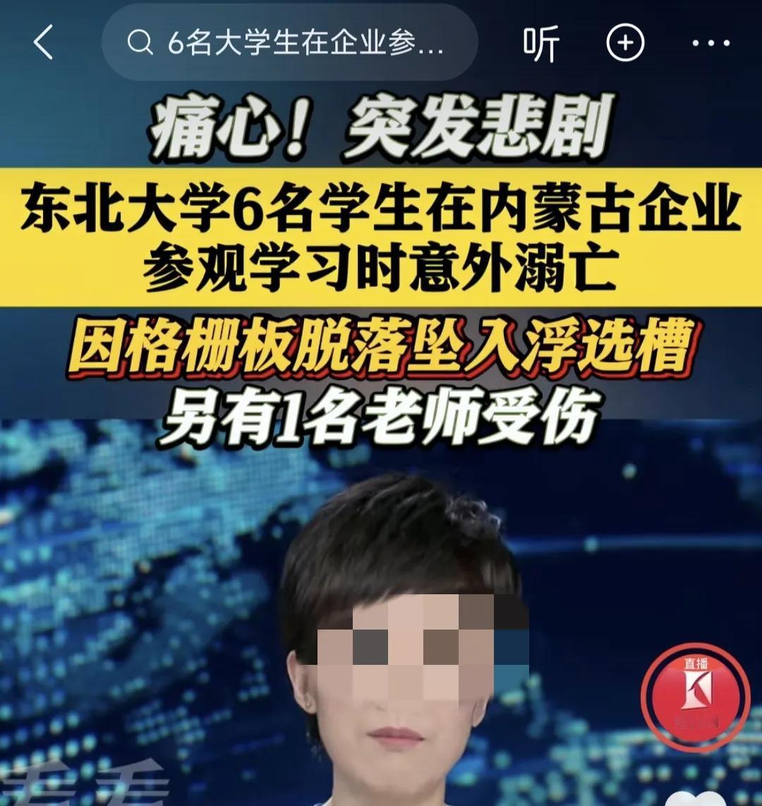 东北大学六名学生在内蒙古企业参观学习时，因隔栅板脱落坠入了浮选槽，六名学生不幸溺