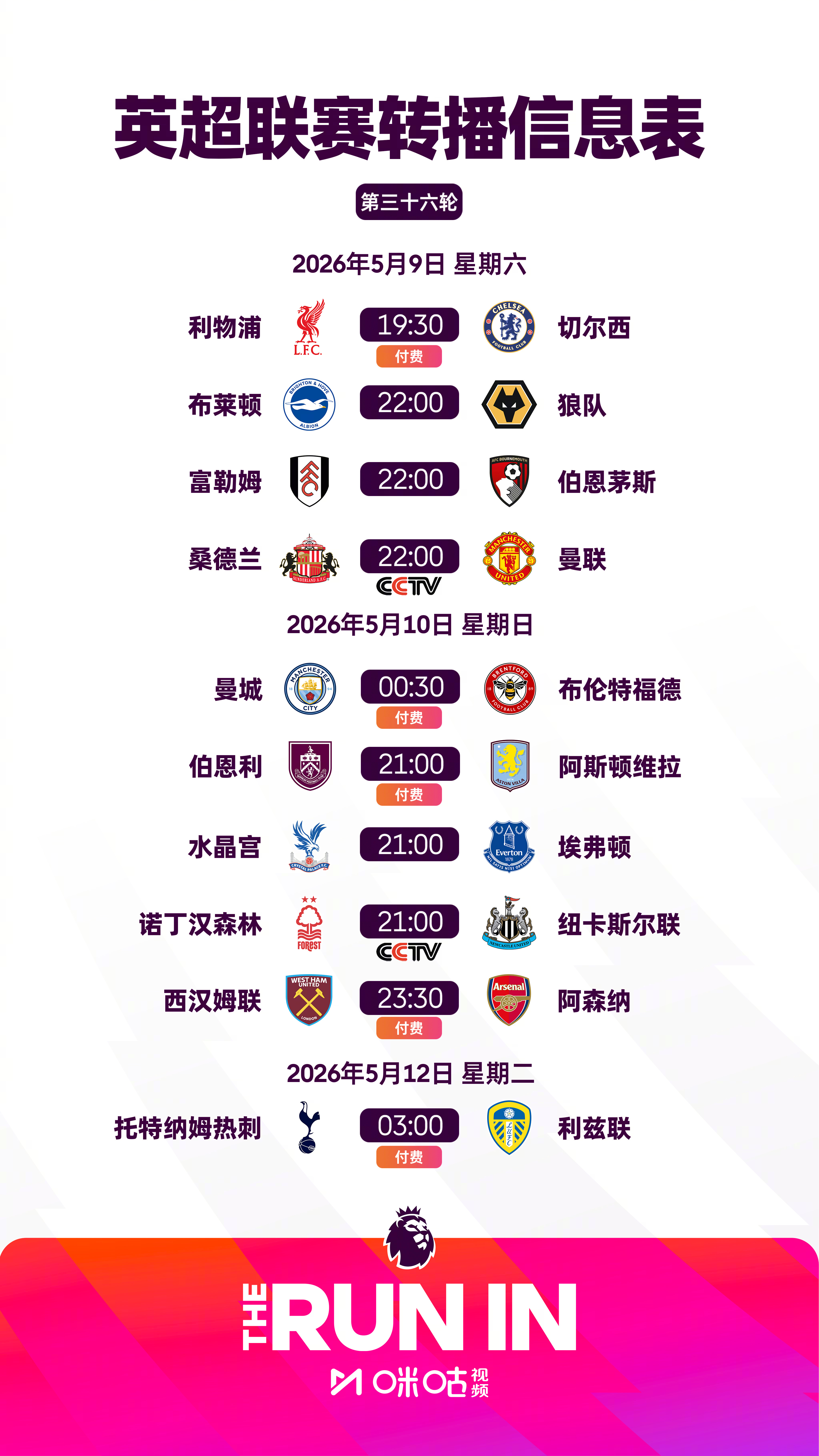 2025/26赛季英超第36轮转播信息焦点战： v  v 上咪咕视频，央视体育/