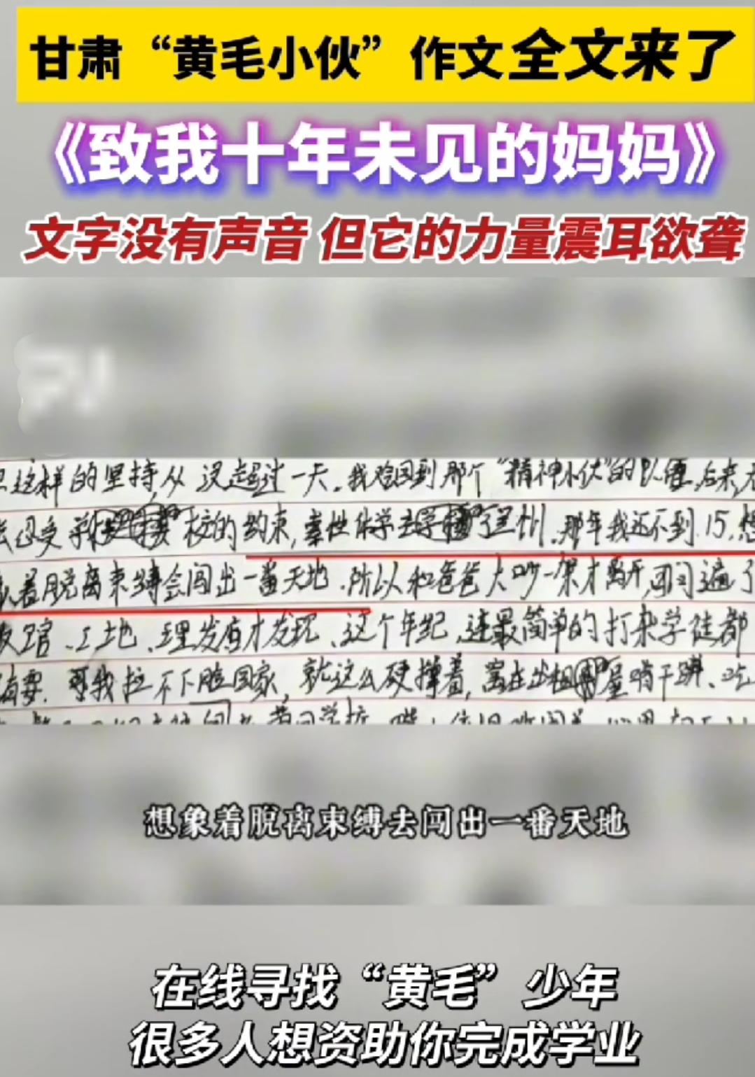 甘肃黄毛小伙的作文真的很煽情
他为什么把头发染成了黄色，因为这样看起来比较不好惹